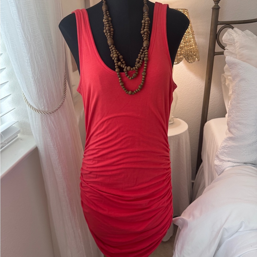 Express Coral Red Sleeveless Ruched Dress